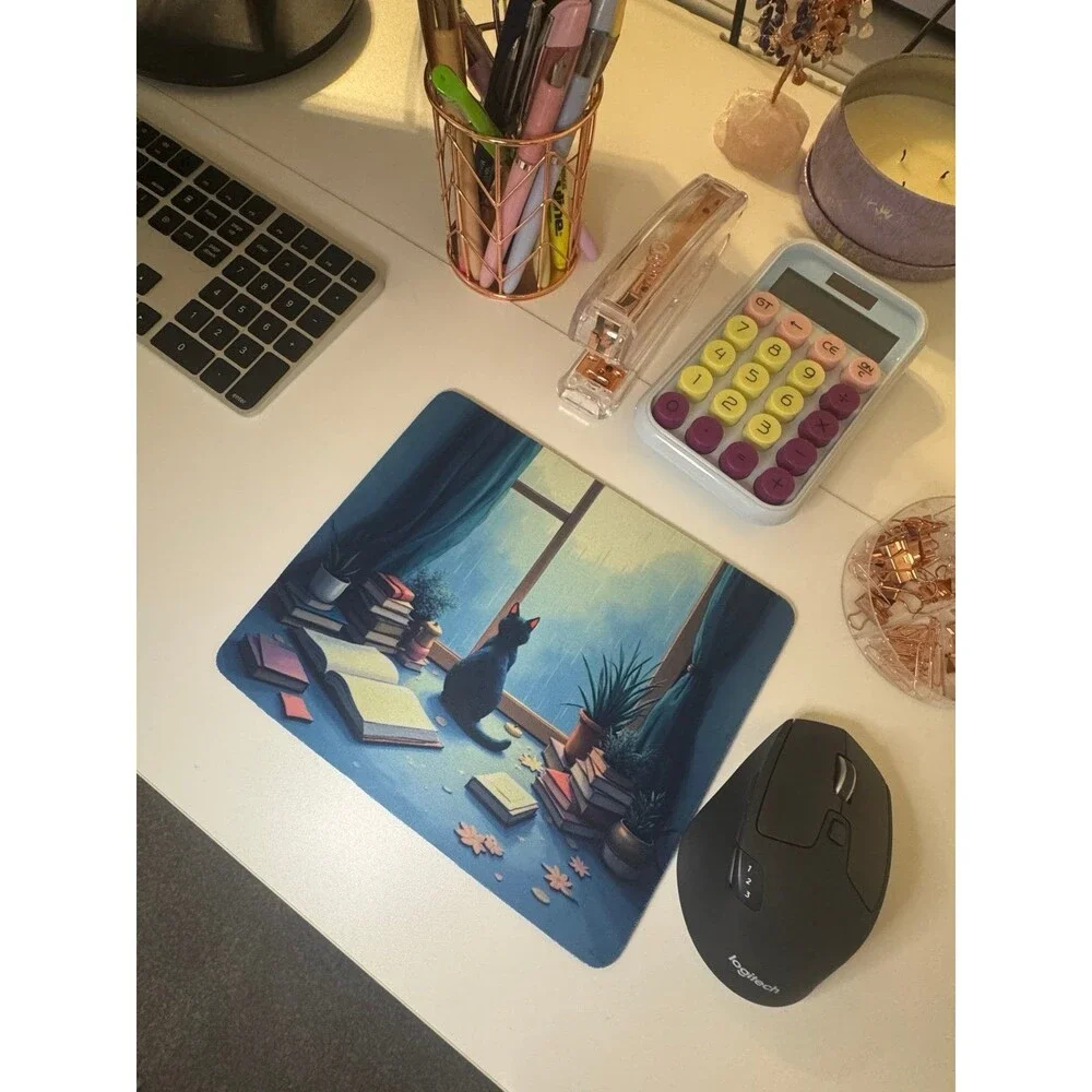 Cozy Cat Mouse Pad, Aesthetic with Rainy Window Scene